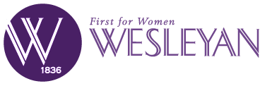 Smaller Wesleyan College Logo and Banner: Round purple background with white W. First for Women.