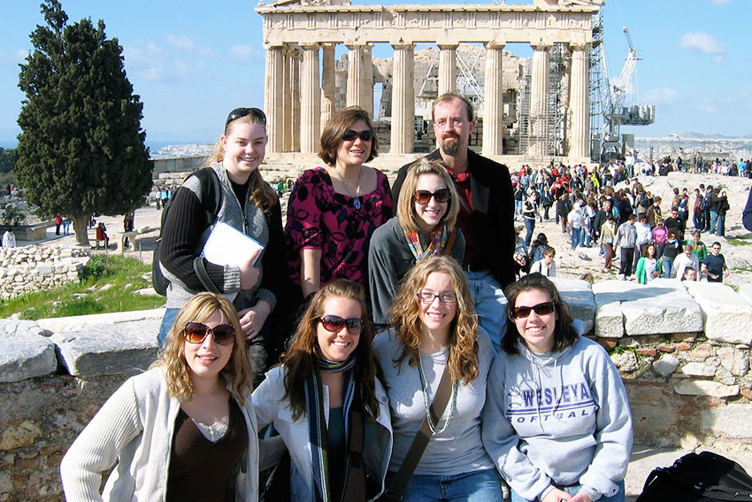 Wesleyan Students in front of Athens on trip