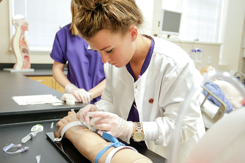 Nursing student practices finding a vein.
